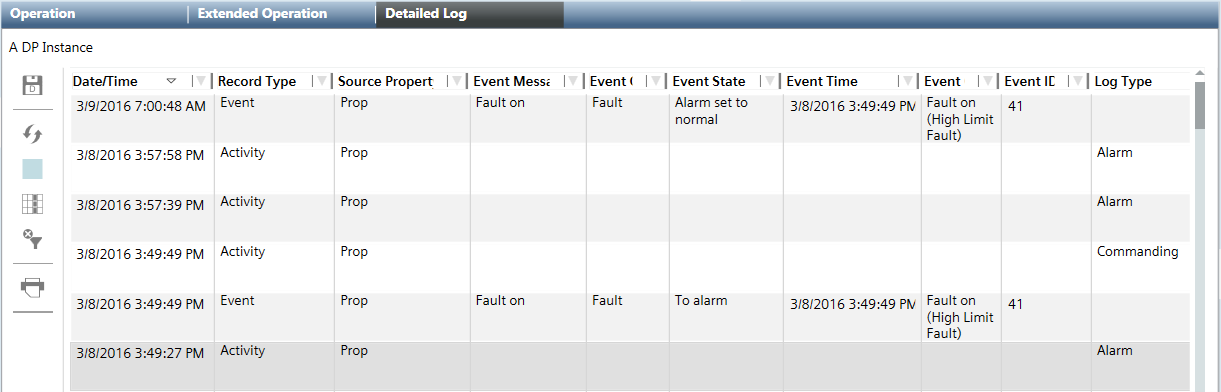 Alarm processing in detail log
