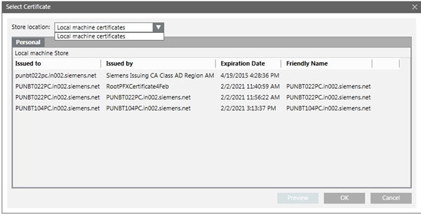 Select Certificate Dialog Box for a Web Site
